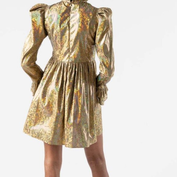 BATSHEVA Prairie ruffled holographic lamé mini dress gold size extra small 0 - Picture 6 of 12